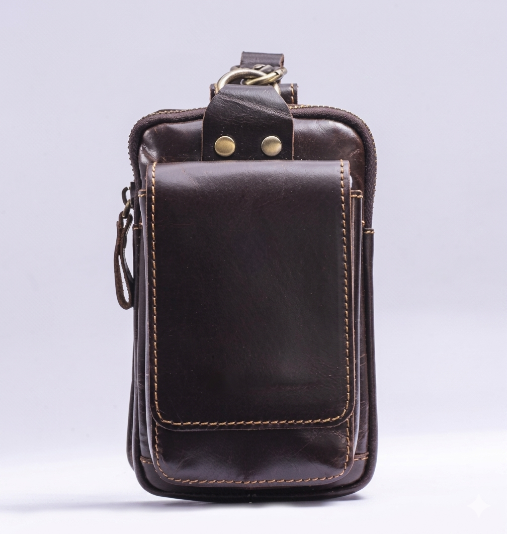 Man draagt vintage leren heuptas, stijlvol en praktisch accessoire voor onderweg.