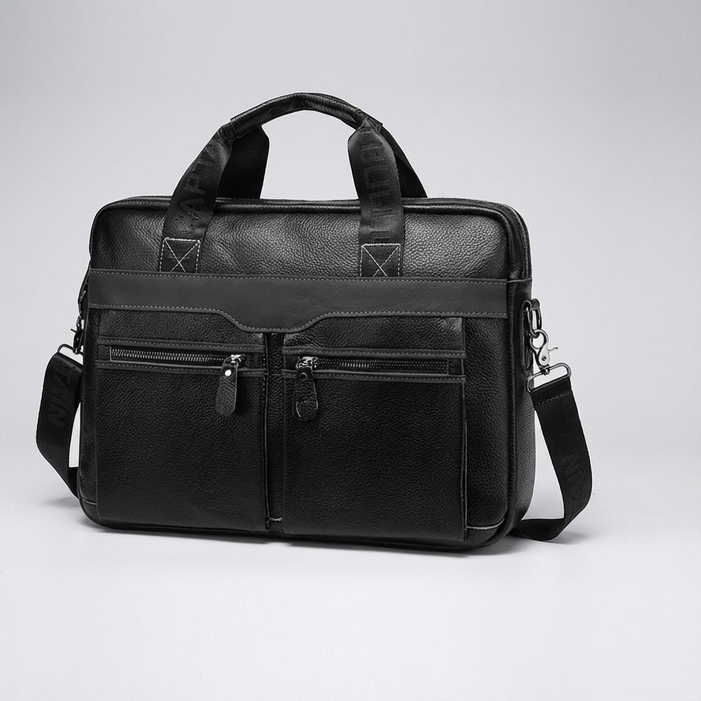 Open UrbanSling laptoptas van echt leer met georganiseerde vakken; ideale aktetas voor accessoires.