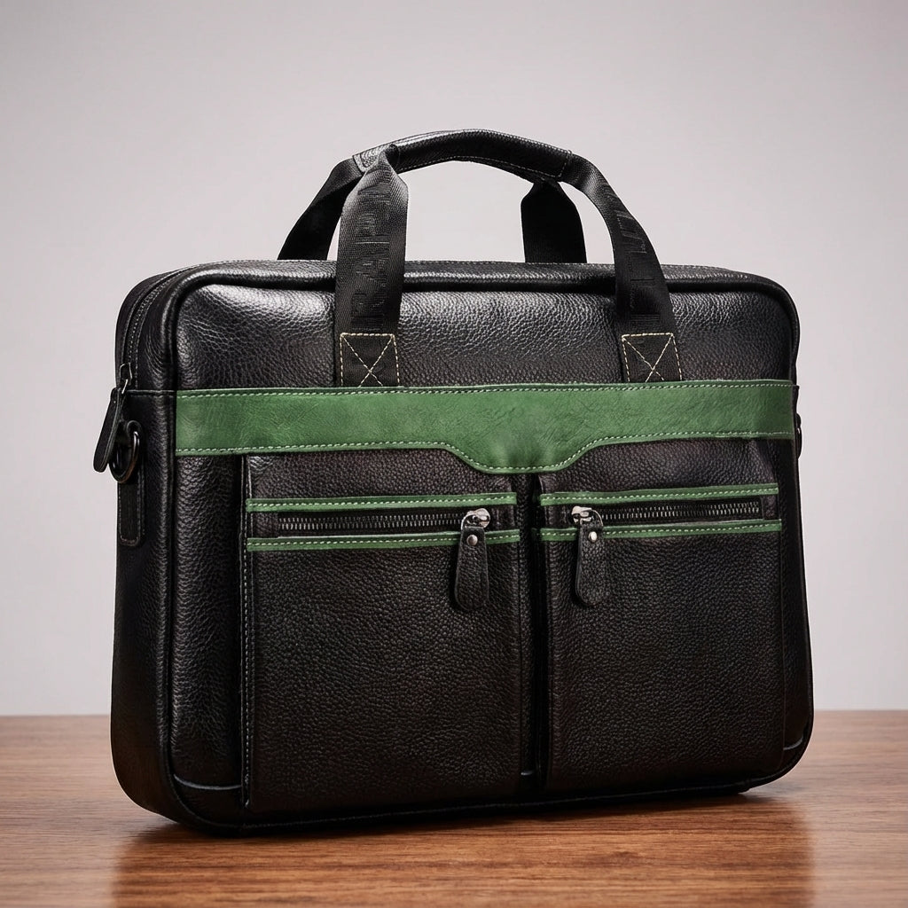Detail van hoogwaardig echt leer van de UrbanSling laptoptas. Kwalitatieve zakelijke accessoire.