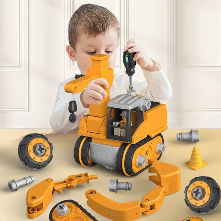 Educatieve bouwvoertuigen speelset voor kinderen, stimuleert creativiteit en motoriek met diverse constructievoertuigen.