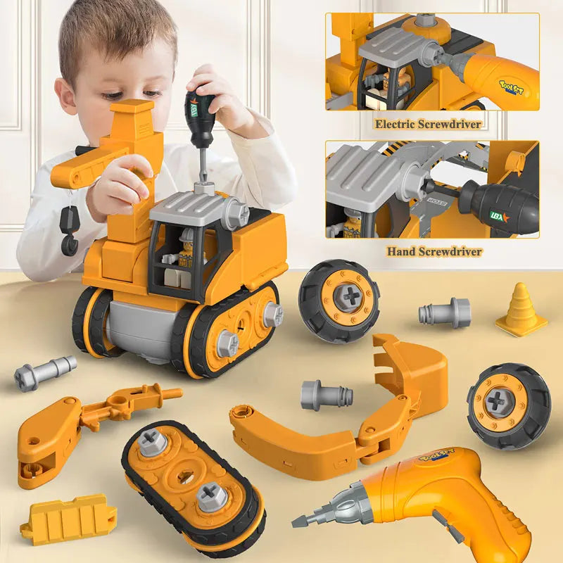 Kleurrijke plastic bouwvoertuigen speelset, inclusief graafmachine en kiepwagen, ideaal voor creatief kinderspeelgoed.