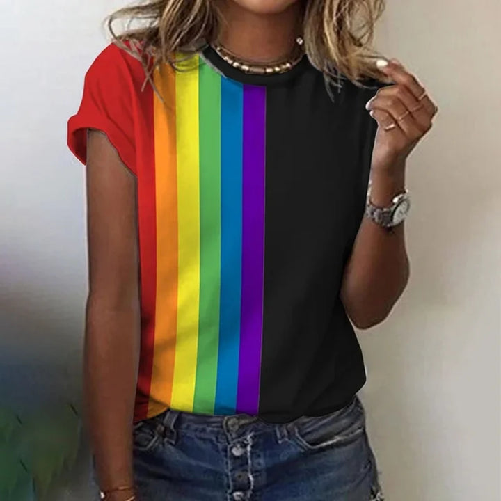 Dames T-shirt met regenboogprint in zwart