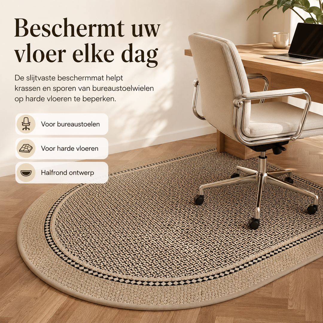 Overzicht van de slijtvaste bureaustoelmat op een houten vloer