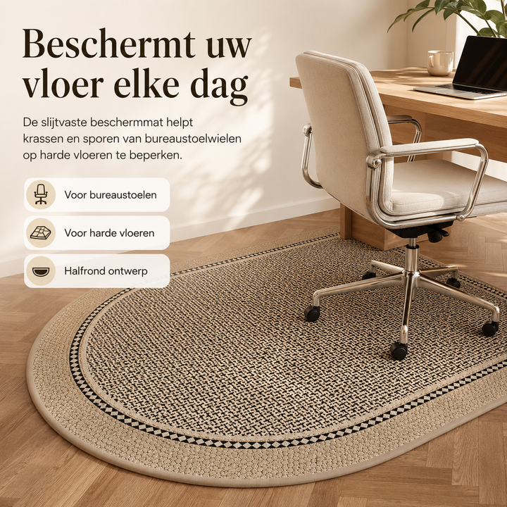 Overzicht van de slijtvaste bureaustoelmat op een houten vloer