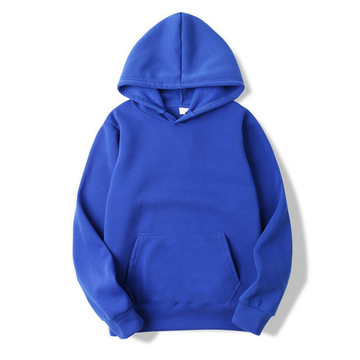Achterkant van een basic effen herenhoodie met ruime capuchon. Comfortabele casual trui voor heren.