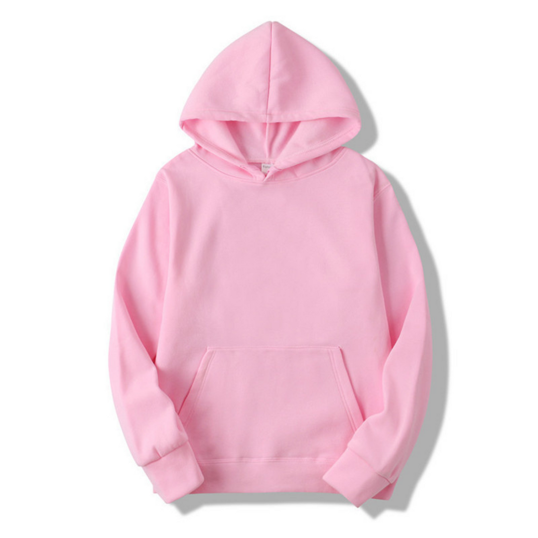 Voorkant van een effen herenhoodie met buidelzak en capuchon. Comfortabele en veelzijdige herentrui.