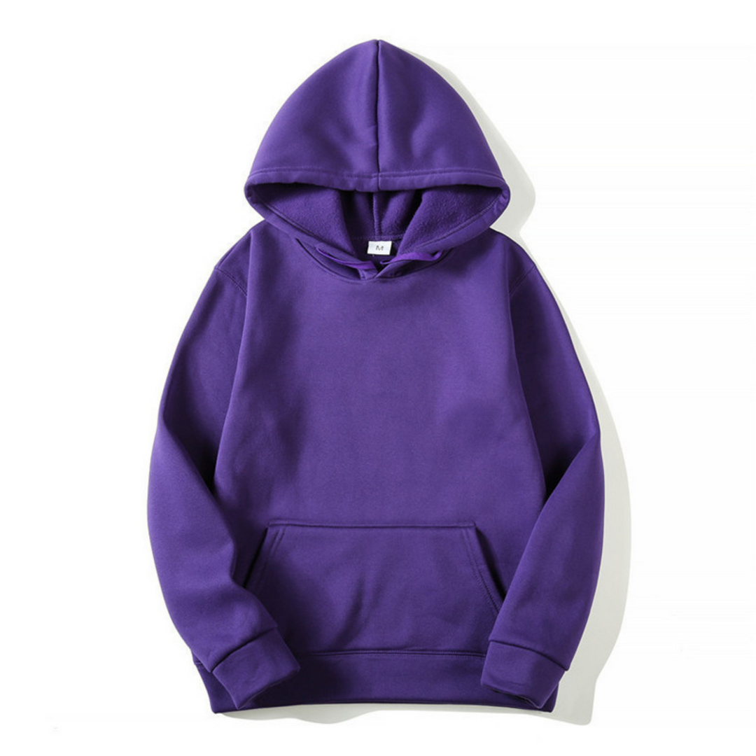 Basic herenhoodie, perfect te combineren. Comfortabele effen trui met capuchon en buidelzak voor elke gelegenheid.