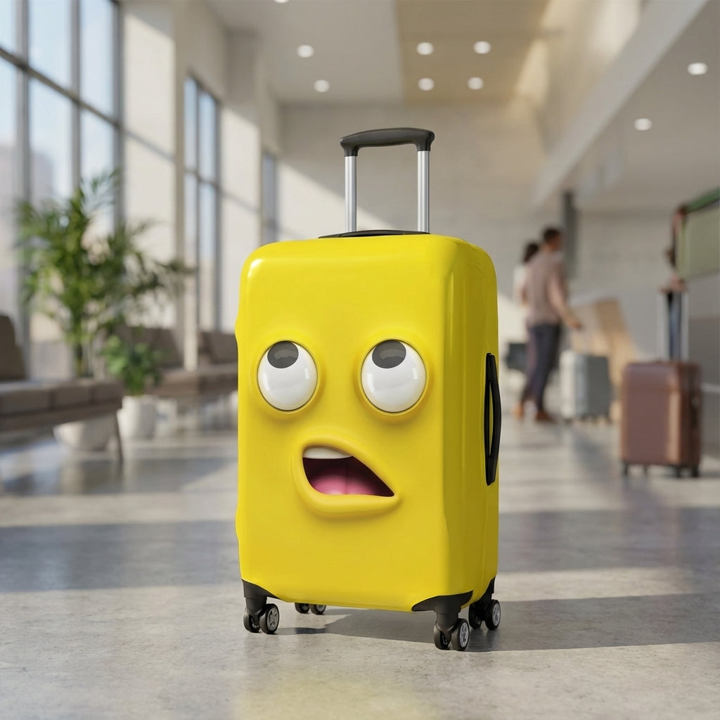 Elastische SmileGuard kofferhoes met vrolijke print, ideaal voor herkenbare bagage tijdens reizen.