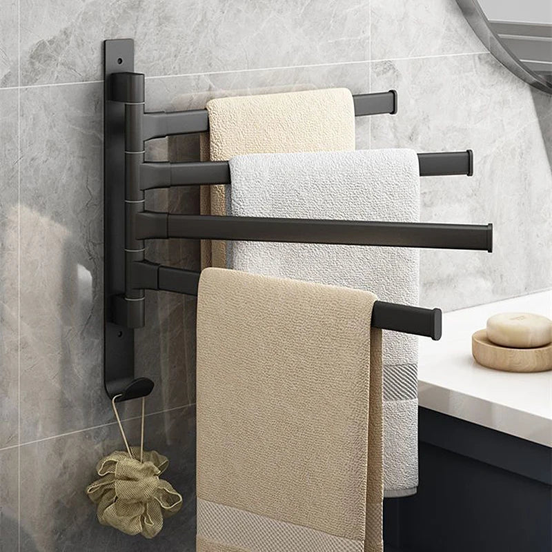 EleganceRack ruimtebesparende handdoekhouder met 4 draaibare aluminium armen, ideaal voor badkamer.