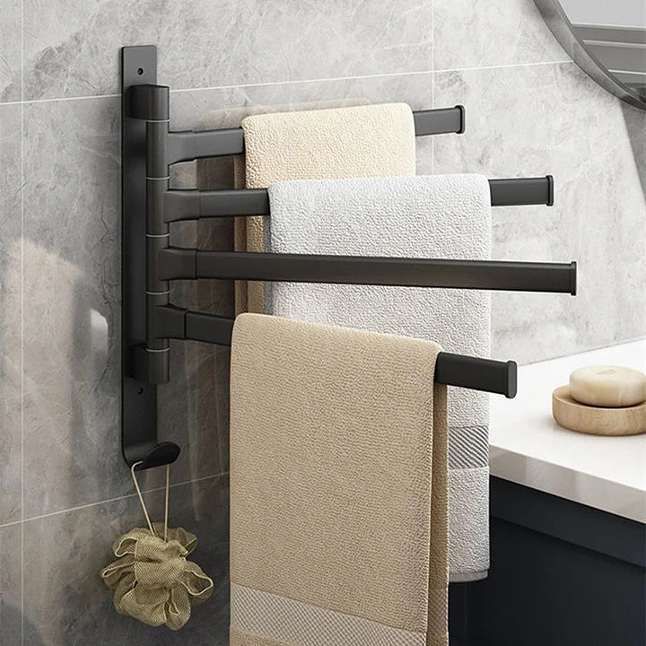 EleganceRack ruimtebesparende handdoekhouder met 4 draaibare aluminium armen, ideaal voor badkamer.