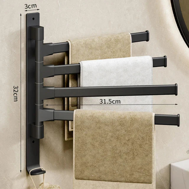 Aluminium handdoekrek EleganceRack voor meerdere handdoeken, draaibare armen, wandmontage, perfect voor kleine ruimtes.
