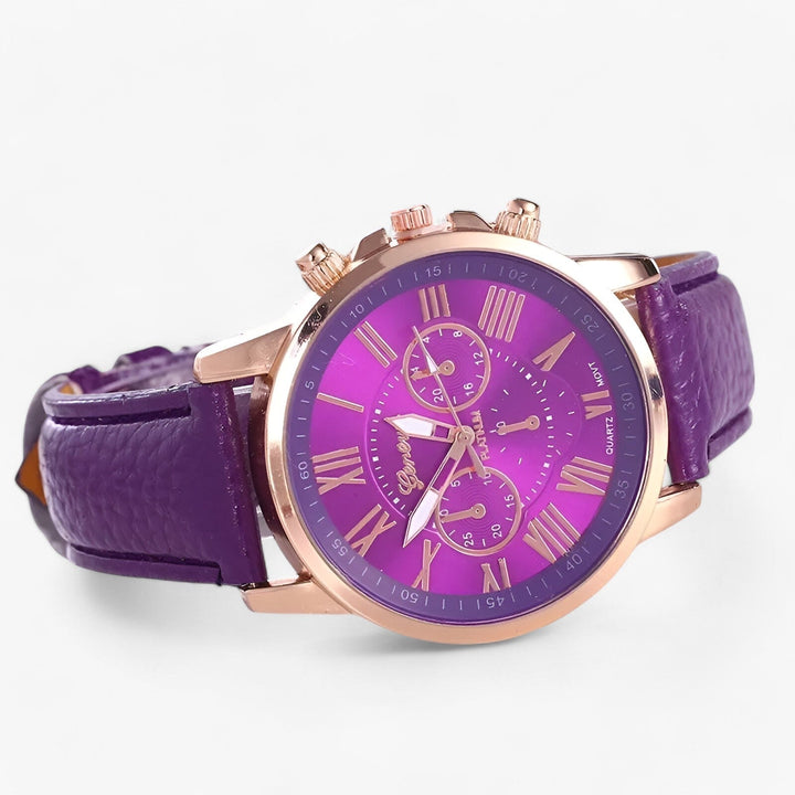 Detail van de echt leren band van het elegante Camille waterdichte dameshorloge, perfect accessoire.