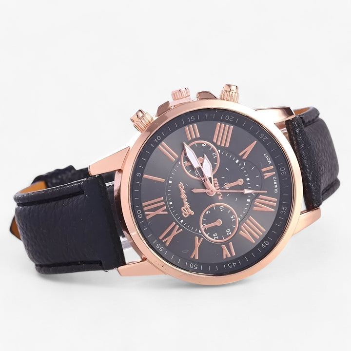 Stijlvol waterdicht dameshorloge Camille met leren band om de pols, elegant accessoire voor elke dag.
