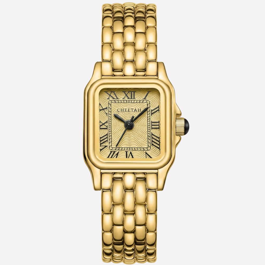 Elegant dames gouden horloge met rechthoekige kast en klassieke Romeinse cijfers, ideaal als tijdloos mode accessoire.