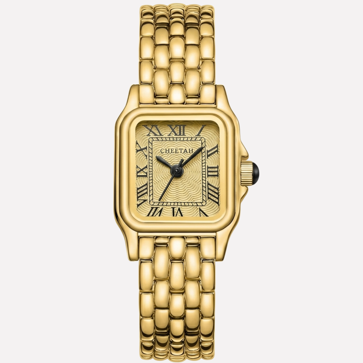 Elegant dames gouden horloge met rechthoekige kast en klassieke Romeinse cijfers, ideaal als tijdloos mode accessoire.
