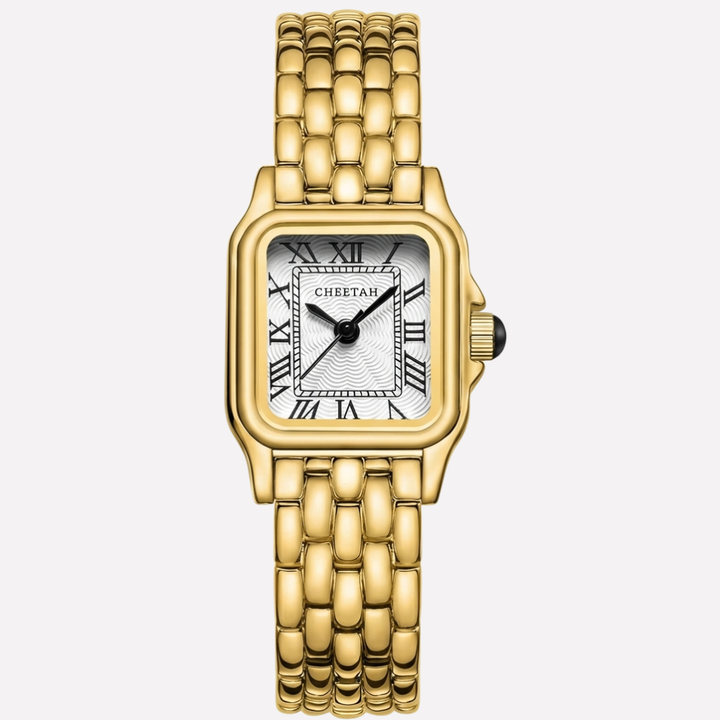 Dames gouden quartz horloge met stijlvolle metalen band en Romeinse cijfers, perfect voor een klassiek-elegante look.