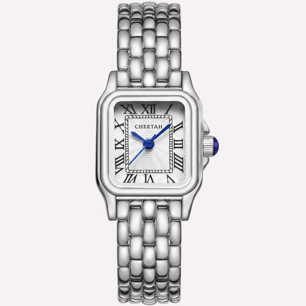 Gouden dames quartz horloge met elegante rechthoekige kast, Romeinse cijfers en comfortabele metalen band.