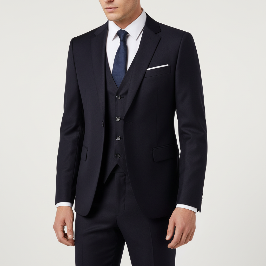 Close-up van het elegante gilet van het driedelige herenpak Frederik, voegt stijl toe aan elke outfit.