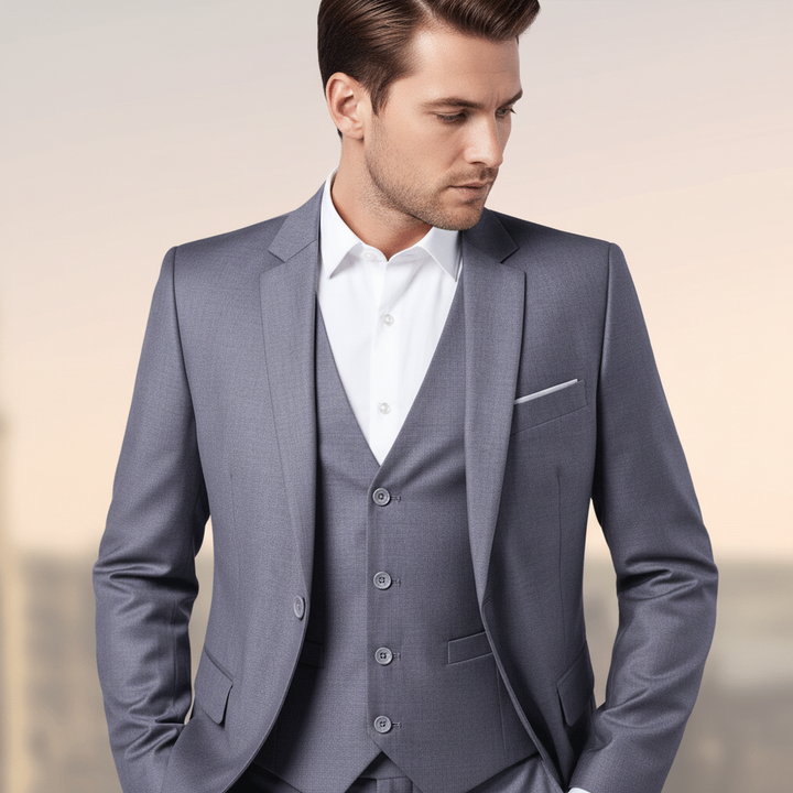 Comfortabel slim fit driedelig herenpak Frederik, gemaakt van hoogwaardige stof voor een stijlvolle pasvorm.