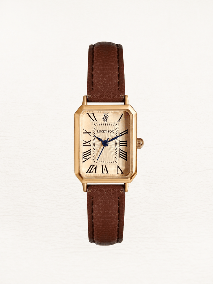 Elegant retro dameshorloge met vierkante gouden kast en bruine leren band, perfecte balans tussen stijl en comfort.