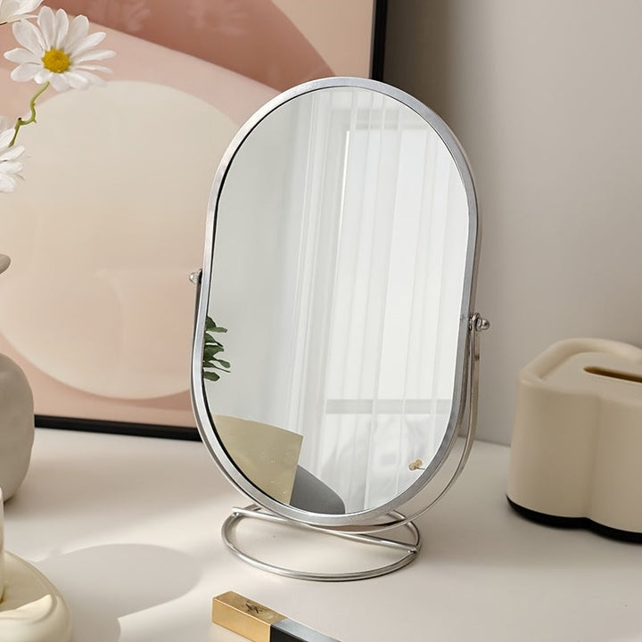 "Elegante 360° draaibare make-up spiegel met ijzeren frame, draagbaar en stijlvol, perfect voor dagelijks gebruik."