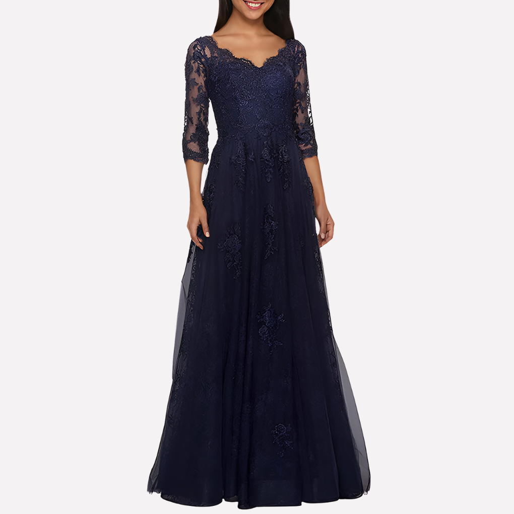 Classy geweven cocktailjurk voor dames in A-lijn model, met ronde hals en 3/4 mouwen, ideaal voor avond of ceremonie.