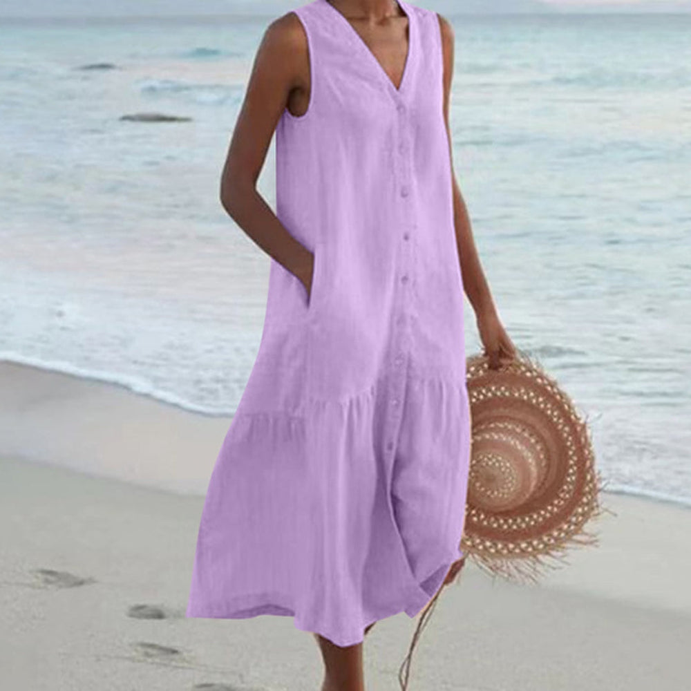 Mouwloze A-lijn midi-jurk met knoopjes voor dames, comfortabel en veelzijdig voor casual of chique.