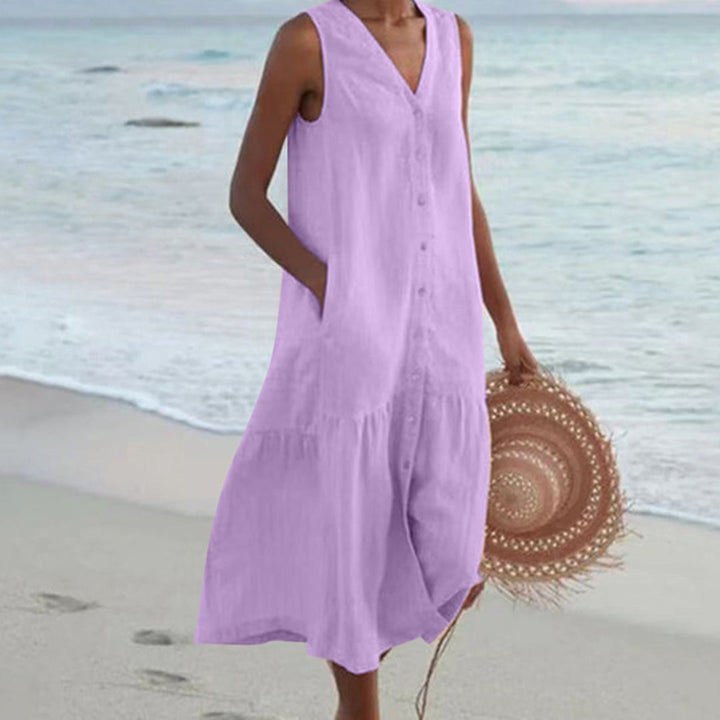 Mouwloze A-lijn midi-jurk met knoopjes voor dames, comfortabel en veelzijdig voor casual of chique.