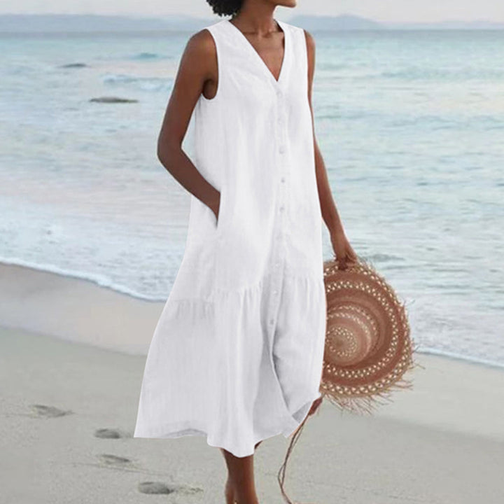 Veelzijdige dames A-lijn midi-jurk met knoopjes, perfect als zomerjurk voor zowel casual als elegante look.