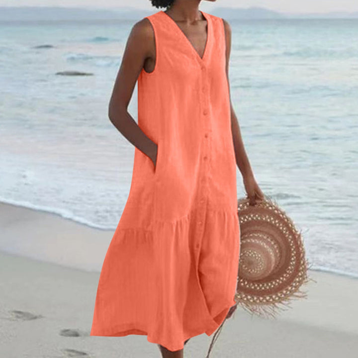 Luchtige mouwloze midi-jurk voor dames, A-lijn model met knoopjes, perfecte zomerjurk voor comfort en stijl.