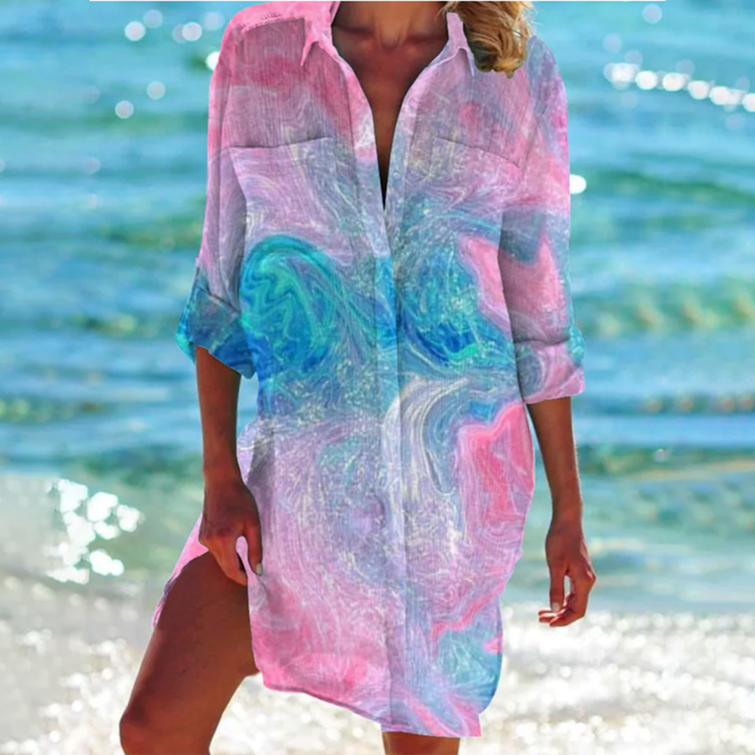 Feestjurk dames: stijlvolle A-lijn zomerjurk met verfijnde bloemenprint, perfect voor een zomerse gelegenheid.
