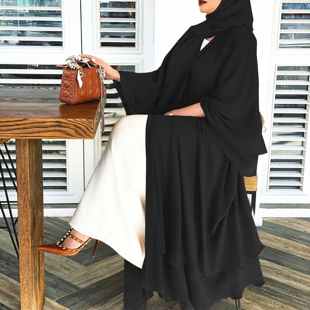 Amina abaya set met hijab in diverse kleuren: beige, zwart, grijs, rood, groen. Elegante dameskleding.