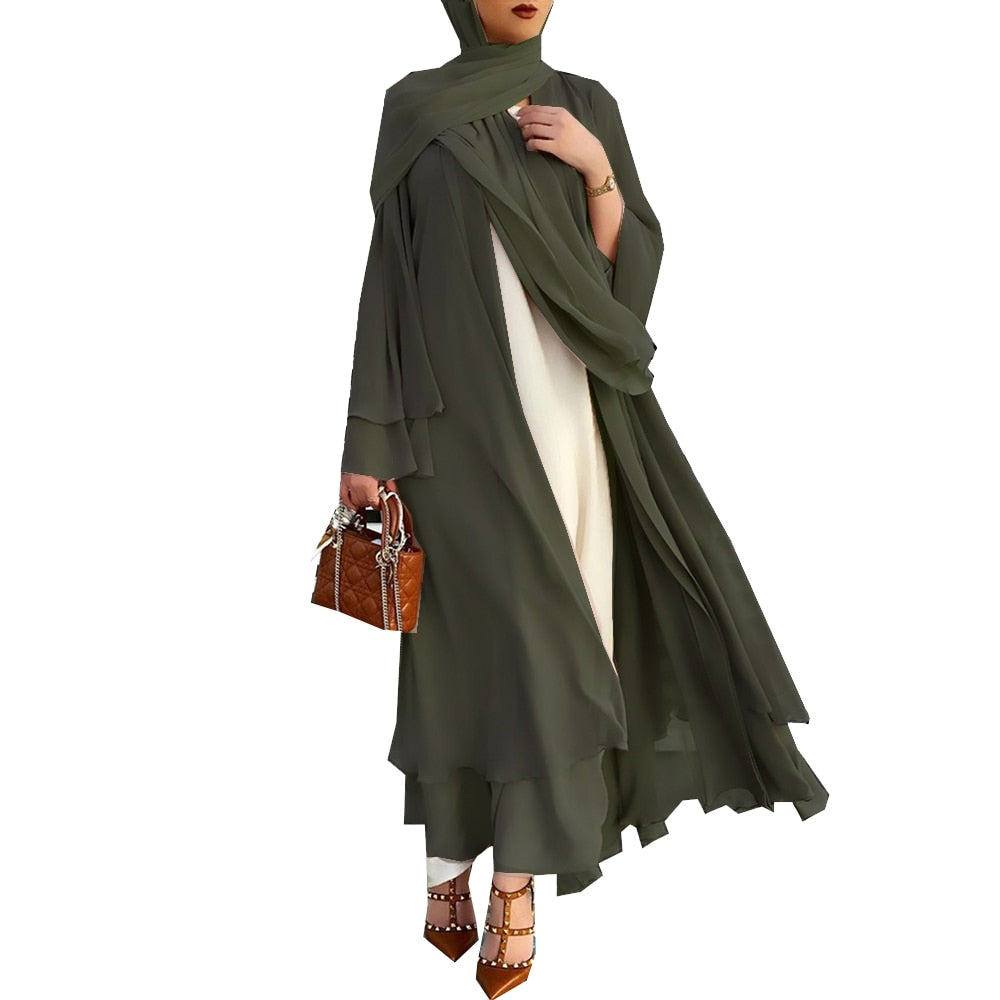 Comfortabele en stijlvolle Amina abaya set met hijab voor dames. Bescheiden en luchtige islamitische mode.