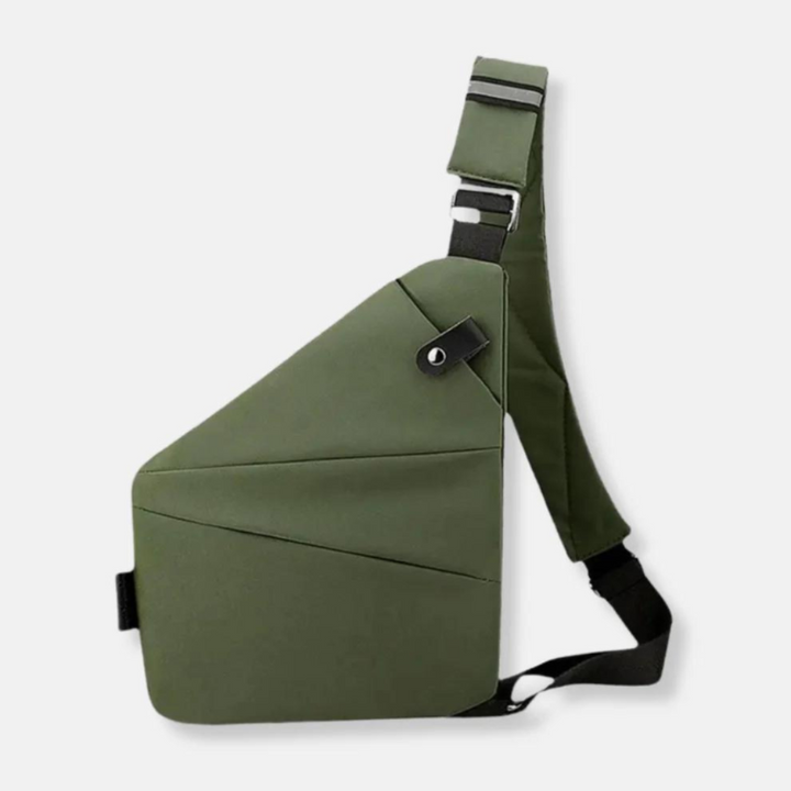 Achterkant van de anti-diefstal tas met verborgen veiligheidsvak voor waardevolle spullen.