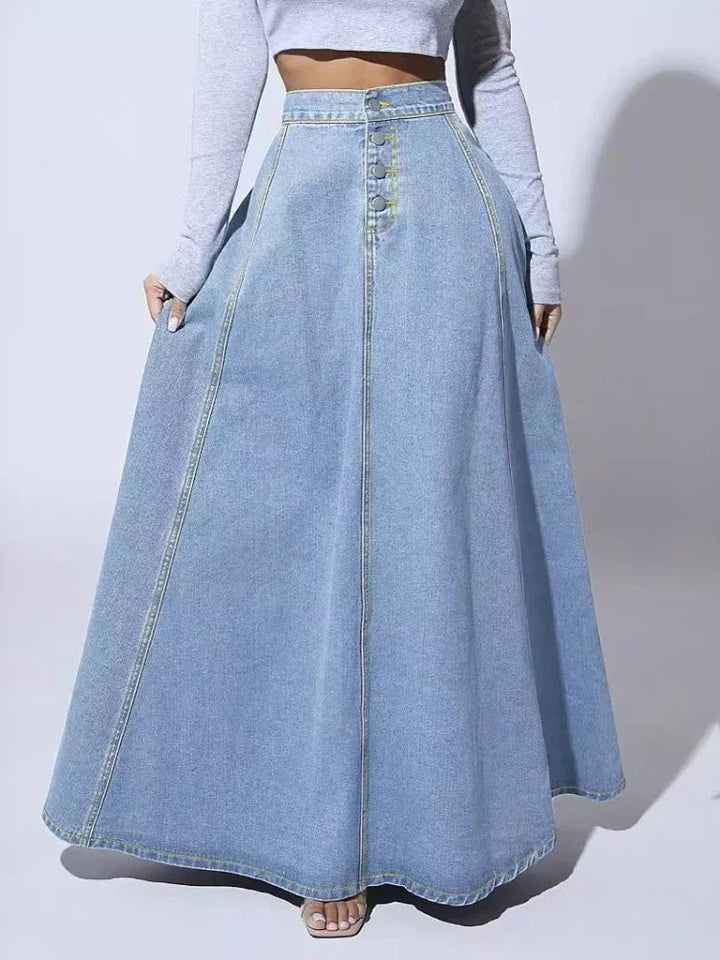 Elegante blauwe denim damesrok met hoge taille en A-lijn, perfect voor een tijdloze, modieuze look.