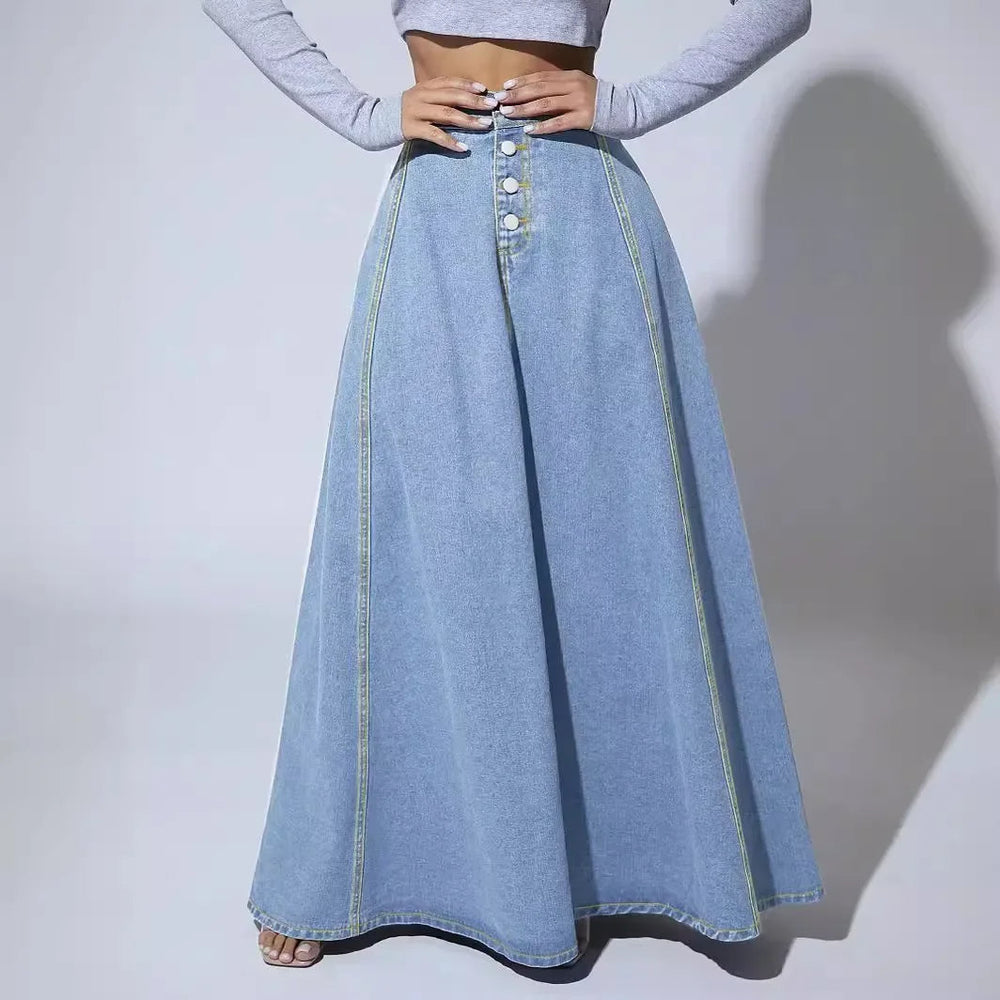 Lange denim damesrok met hoge taille, klassieke A-lijn. Comfortabel en stijlvol voor elke vrouw.