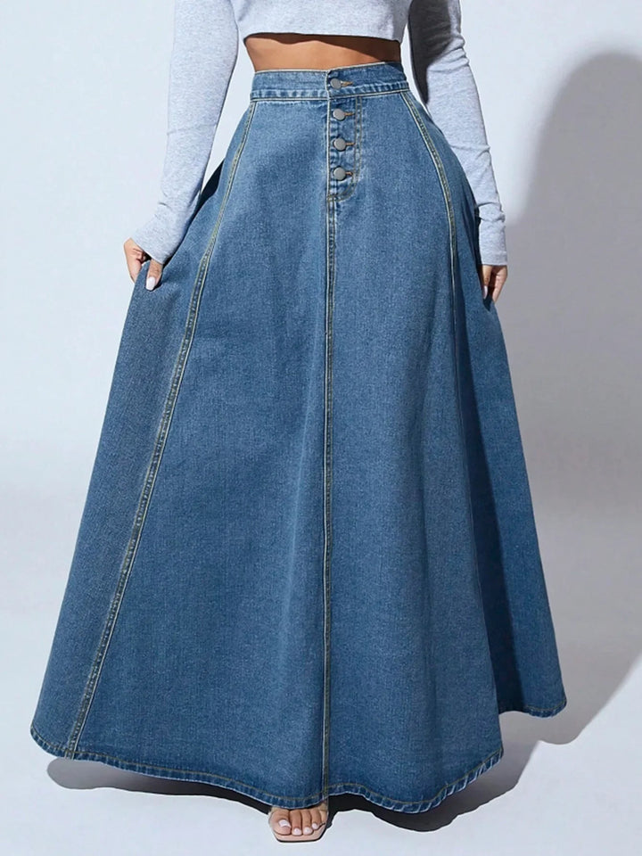 Casual blauwe spijkerrok voor dames, hoge taille en tijdloos A-lijn design. Modieus en veelzijdig.