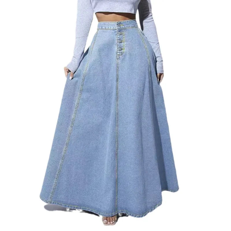 Modieuze dames denim rok, hoge taille, lange A-lijn. Ideaal voor zowel casual als elegante outfits.