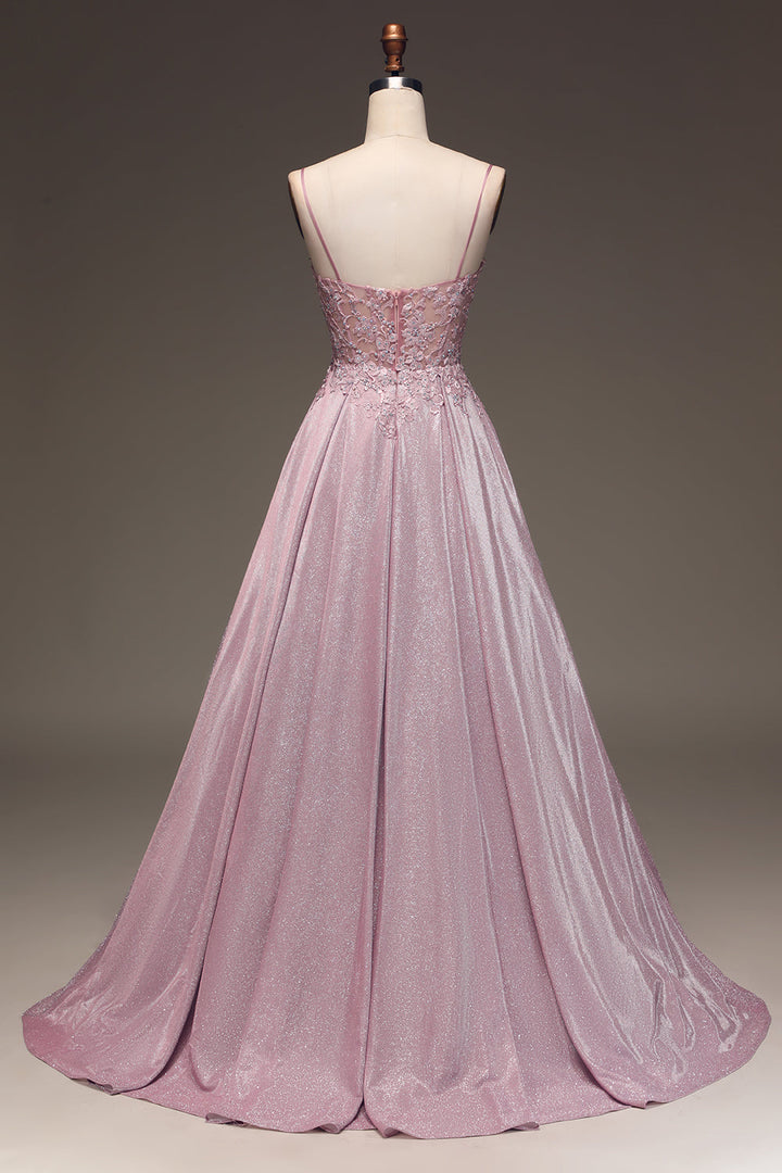 Luxe blush roze satijnen A-lijn baljurk Clara met glinsters, voor een elegante en glamoureuze uitstraling.