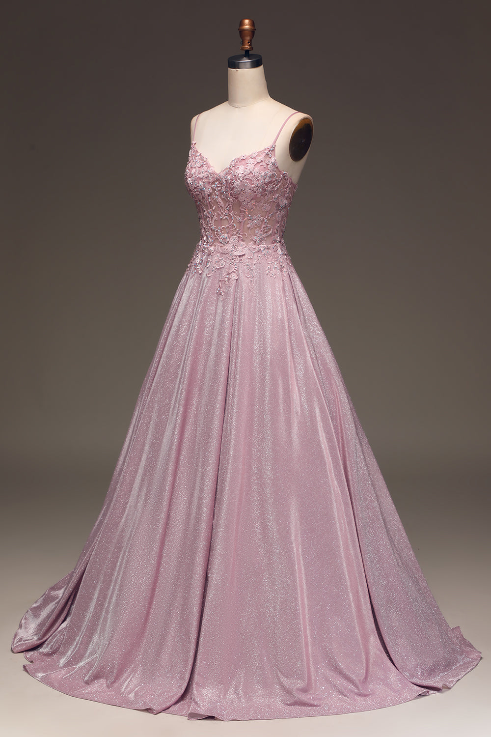 Dames elegante blush roze A-lijn baljurk Clara, glitterjurk perfect als galajurk of trouwgastjurk.
