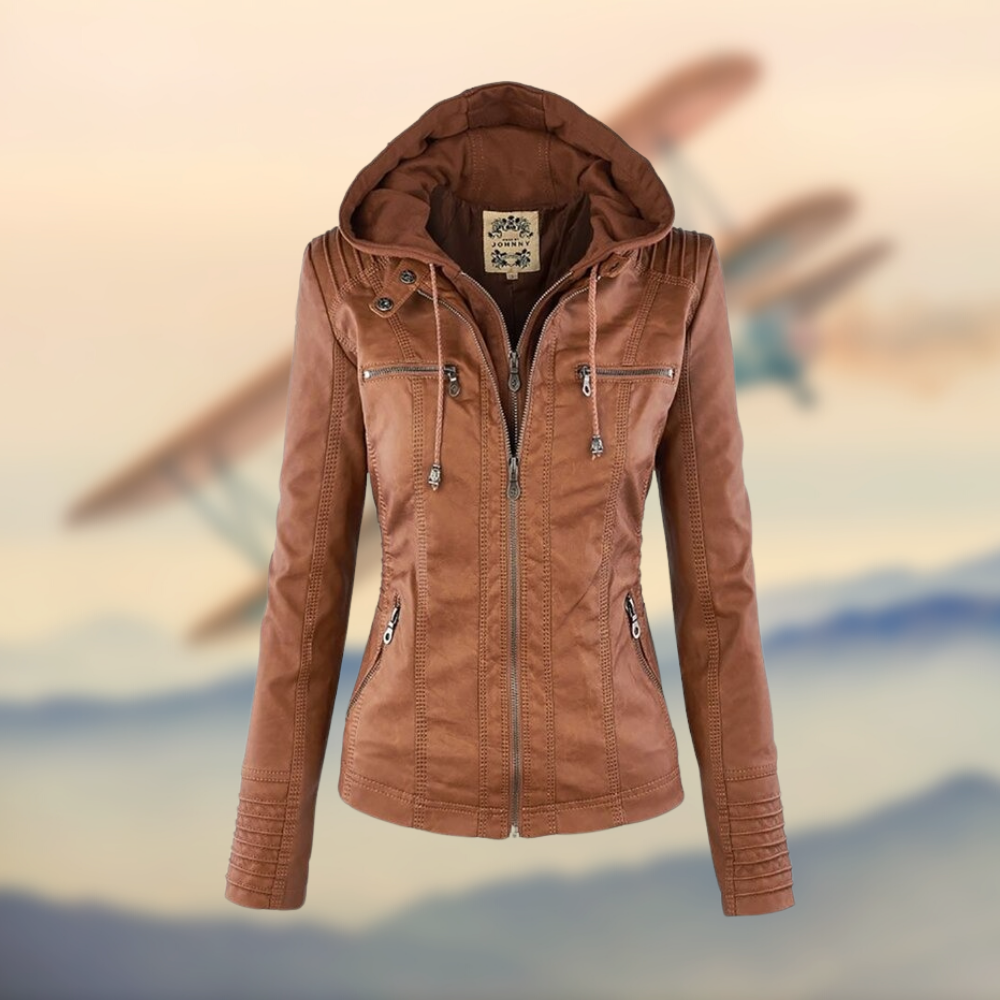 Elegante bruine damesjas met capuchon en flatterende pasvorm, perfect voor herfst en lente.