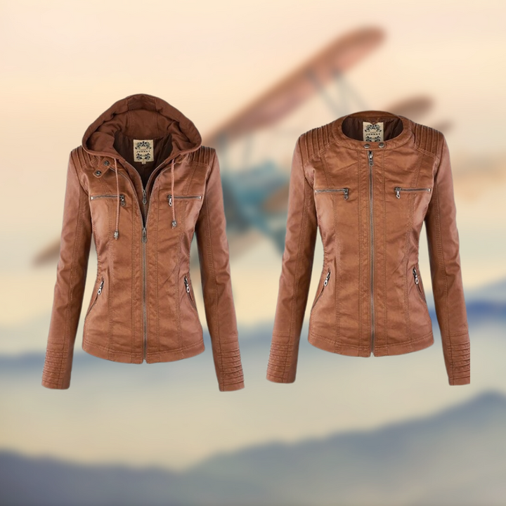 Beige damesjas met capuchon en modieuze snit, comfortabel en veelzijdig voor elk seizoen.