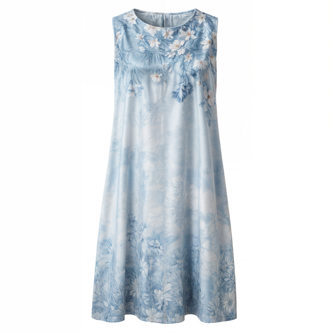 Complete dames outfit: Gebloemde A-lijn jurk met mouwloos design en bijpassend vest. Ideaal voor warm weer.