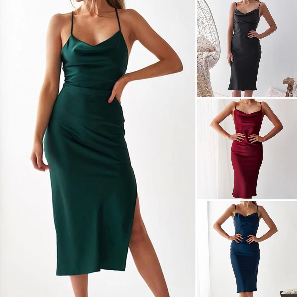 Formele dames avondjurk met watervalhals, MatildasDress. Elegante satijnen jurk voor chique gelegenheden.