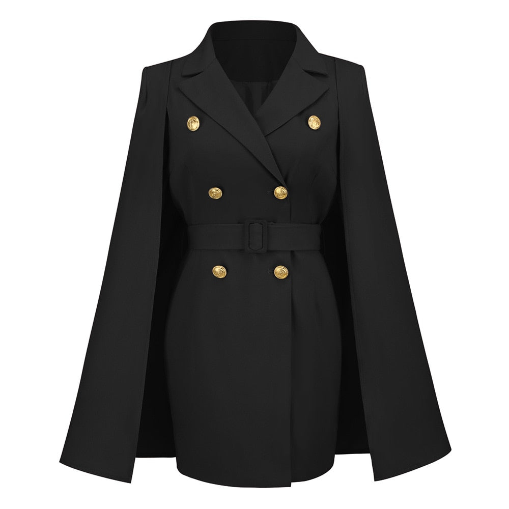 Zakelijke dames blazerjurk met cape design. Professioneel en elegant voor kantoor of meetings.