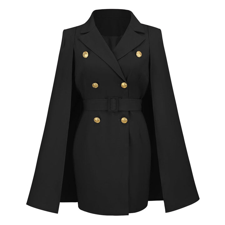 Zakelijke dames blazerjurk met cape design. Professioneel en elegant voor kantoor of meetings.