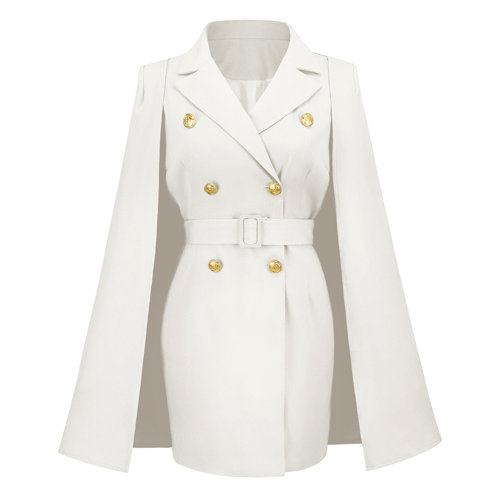 Veelzijdige dames blazerjurk met cape. Geschikt als feestjurk, avondjurk of zakelijke kleding.