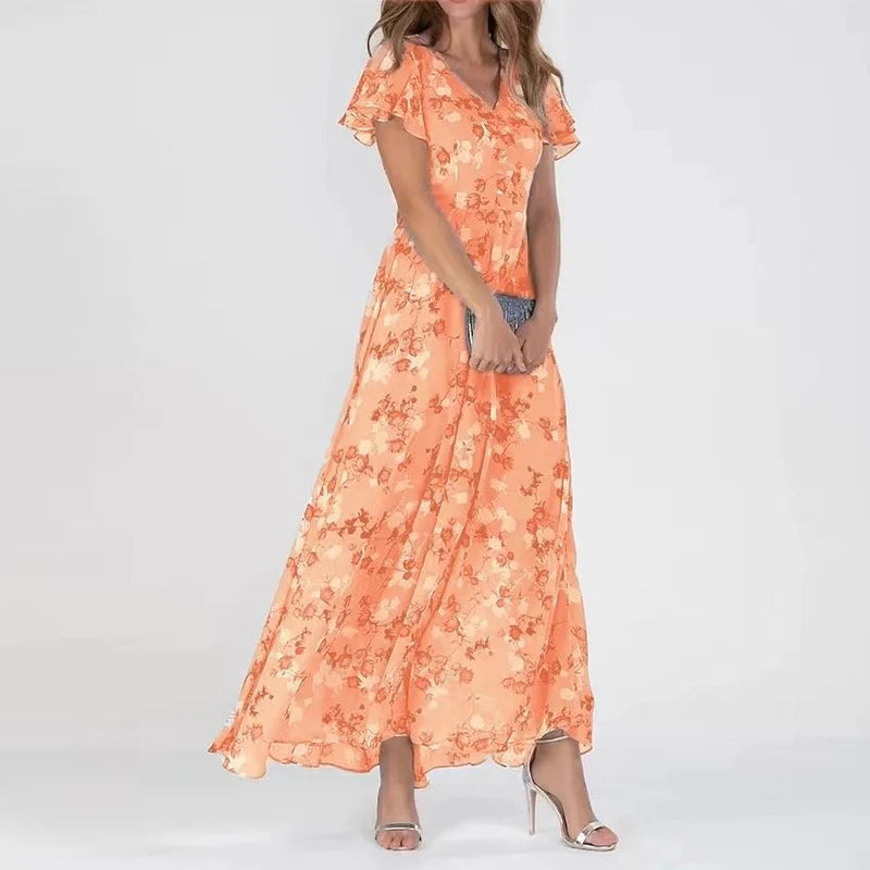 Elegante dames bloemen maxi jurk met kleurrijke print, flatterende A-lijn en V-hals voor een zomerse look.