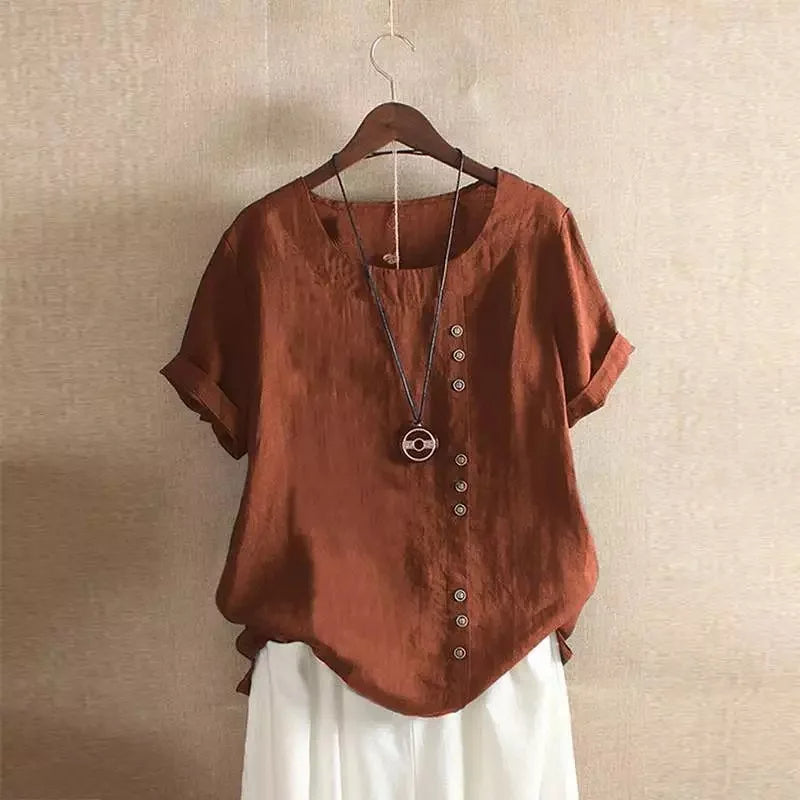 Comfortabele losse pasvorm dames blouse, korte mouw, chique knoopdetails, perfect voor casual dagen.