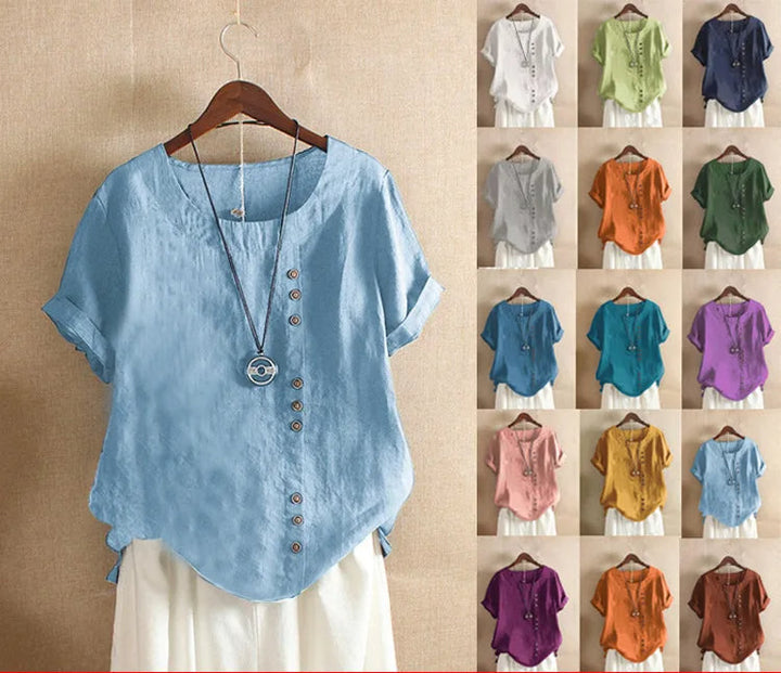 Trendy elegante dames blouse, korte mouwen, comfortabel en met moderne knoopjes; ideaal voor lente/zomer.